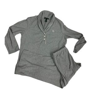 LRL Lauren Ralph Lauren Cotton/Poly Gray Pajamas Sz L 3 Button White Trim/Logo